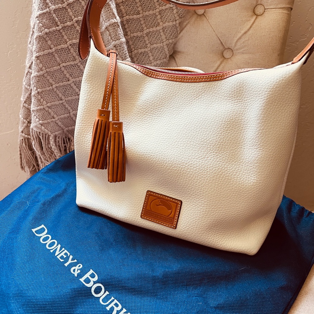 Dooney & Bourke White and Tan Hobo Bag with Leather Accents